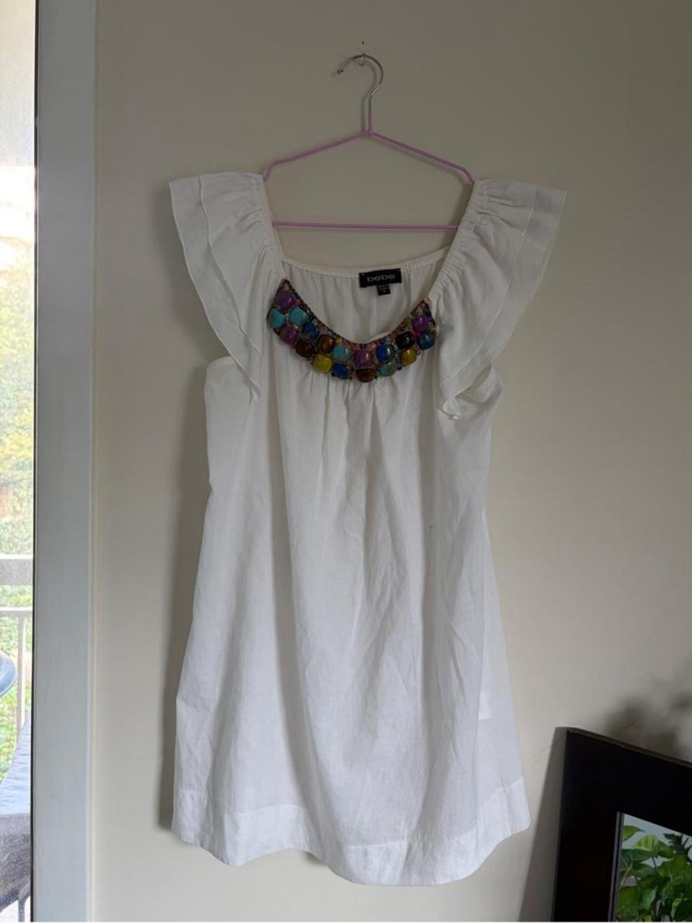 bebe White Embellished Scoop Neck Dress